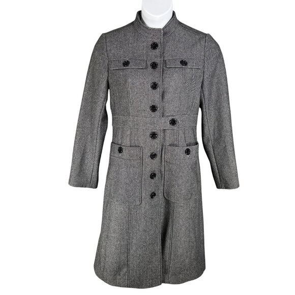 High Style Womens M Wool Gray Military Inspired Herringbone Tweed Coat Old Money - Picture 3 of 16